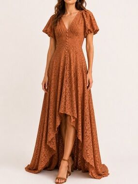 Parker Lace High Low Maxi Dress Rust Puff Sleeve Boho Romantic Size 6 NWT